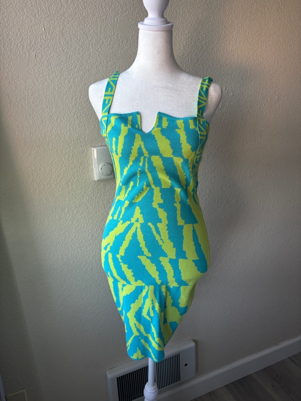 Fashion Nova Teal & Lime Knit Bodycon Dress